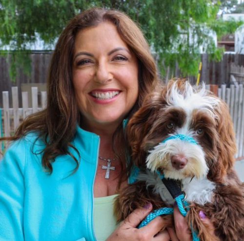 Alyson Rodges with trained labradoodles for sale